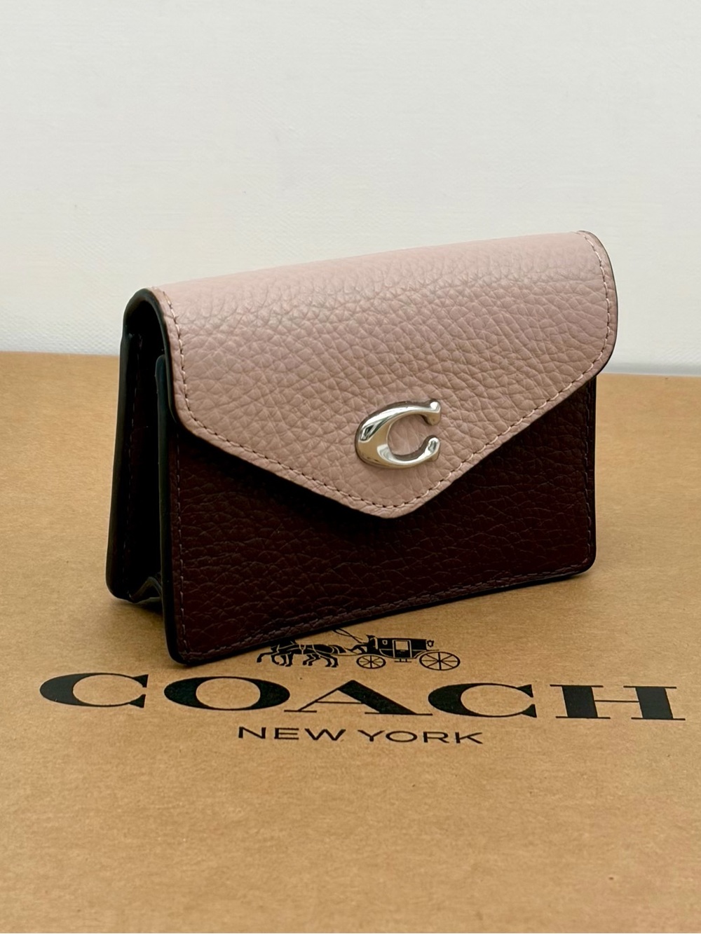 Coach Two-Tone Pebbled Leather Card Case in Blush & Burgundy